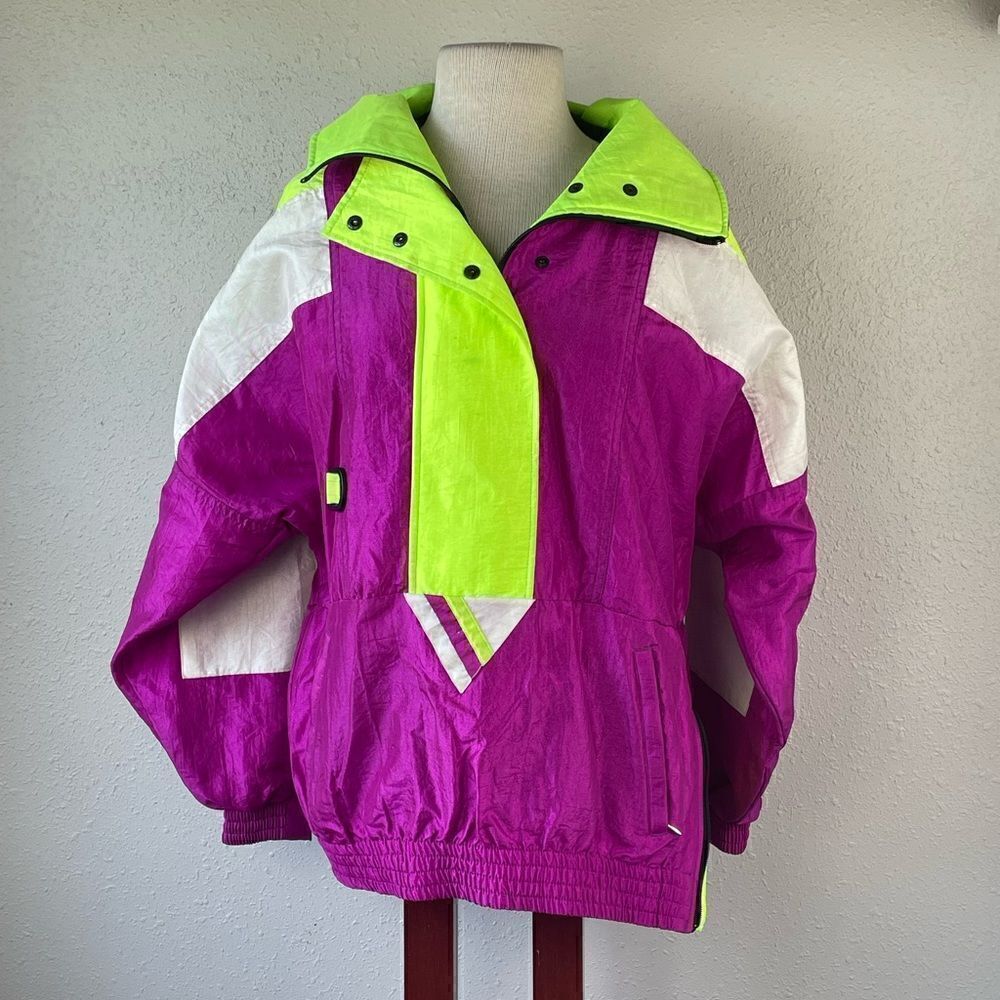 EUC Sunbuster Performance Sports Apparel L Nylon Partial Zip Neon Green/Purple